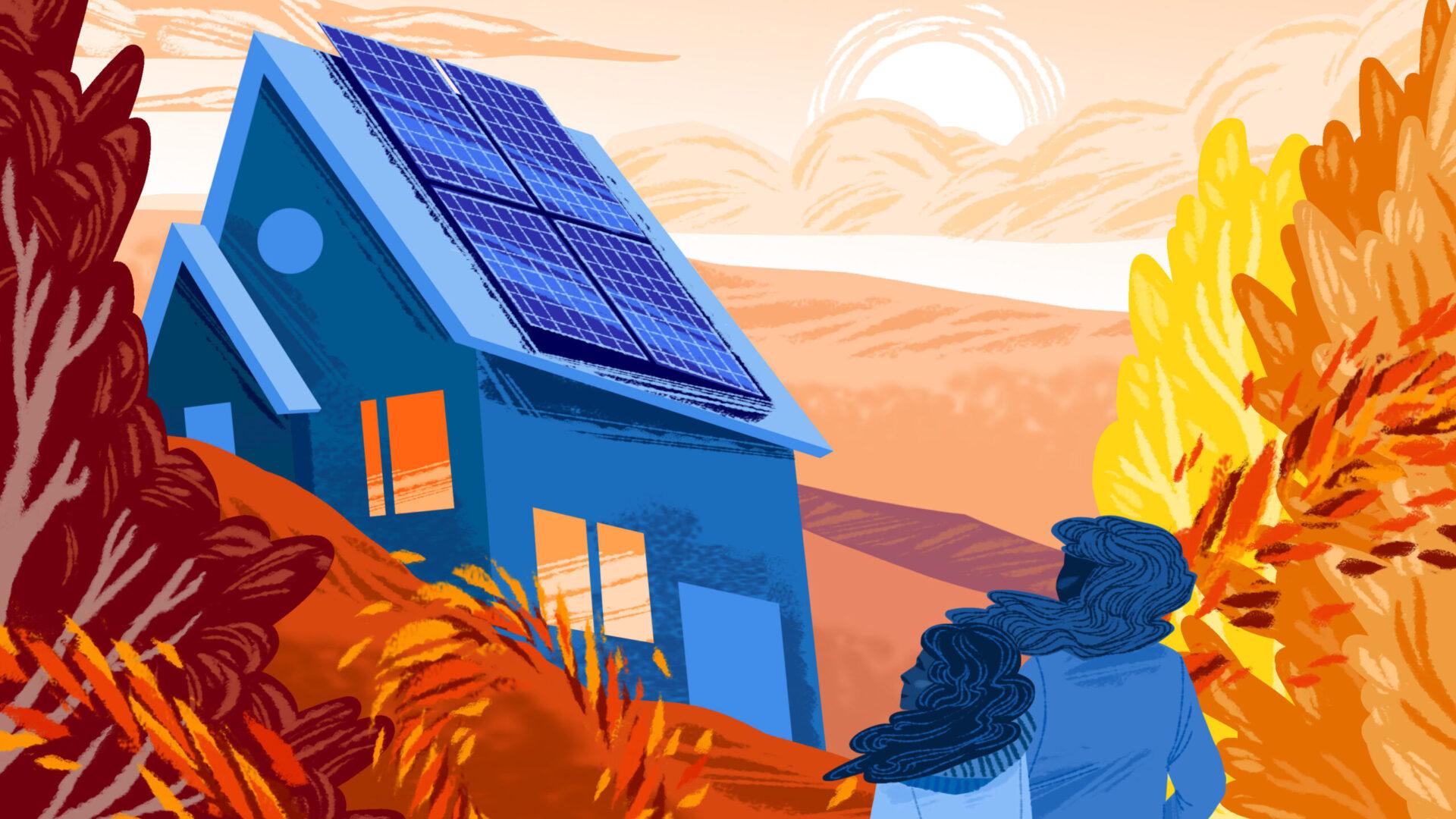 Illustration of solar panels on a roof in fall landscape