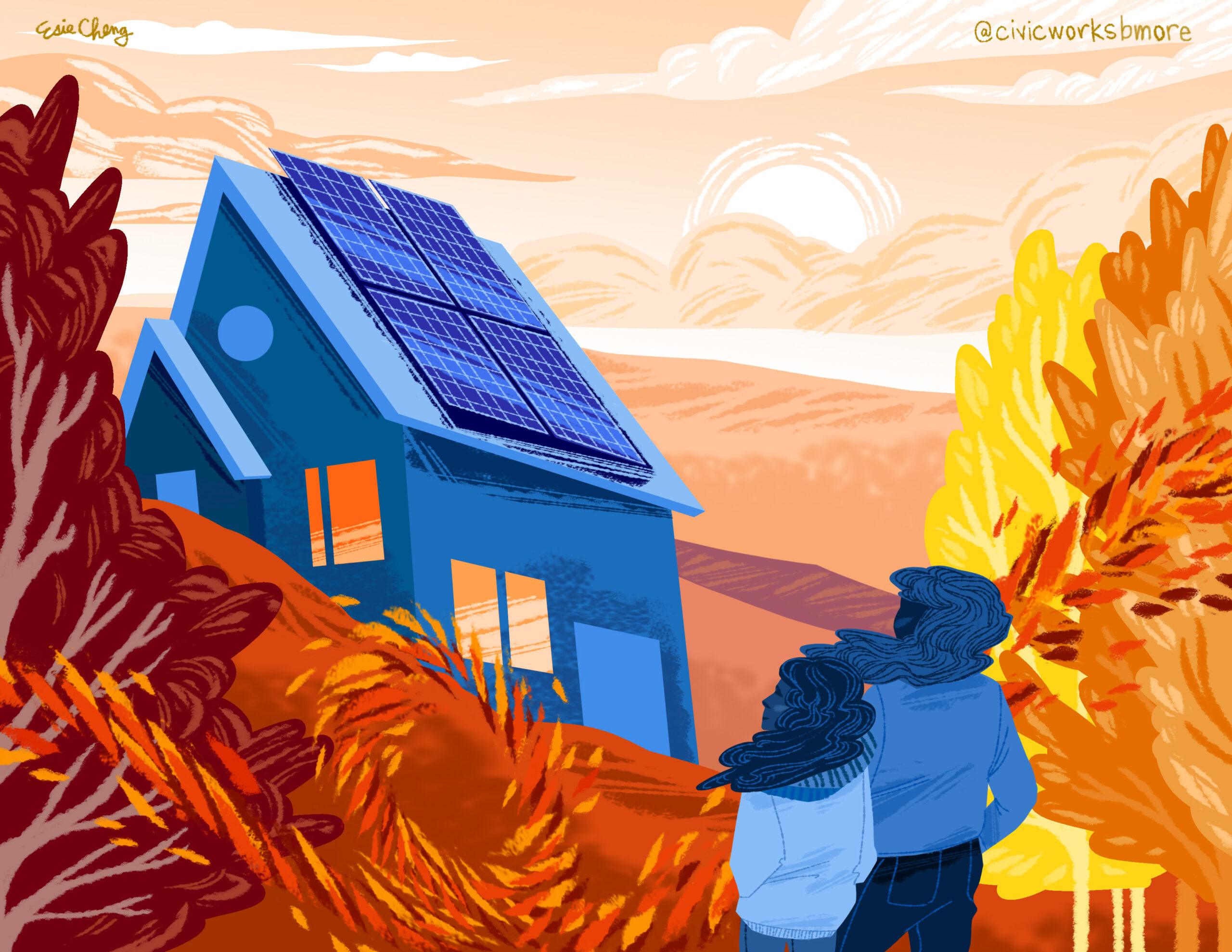 Illustration of solar panels on a roof in fall landscape