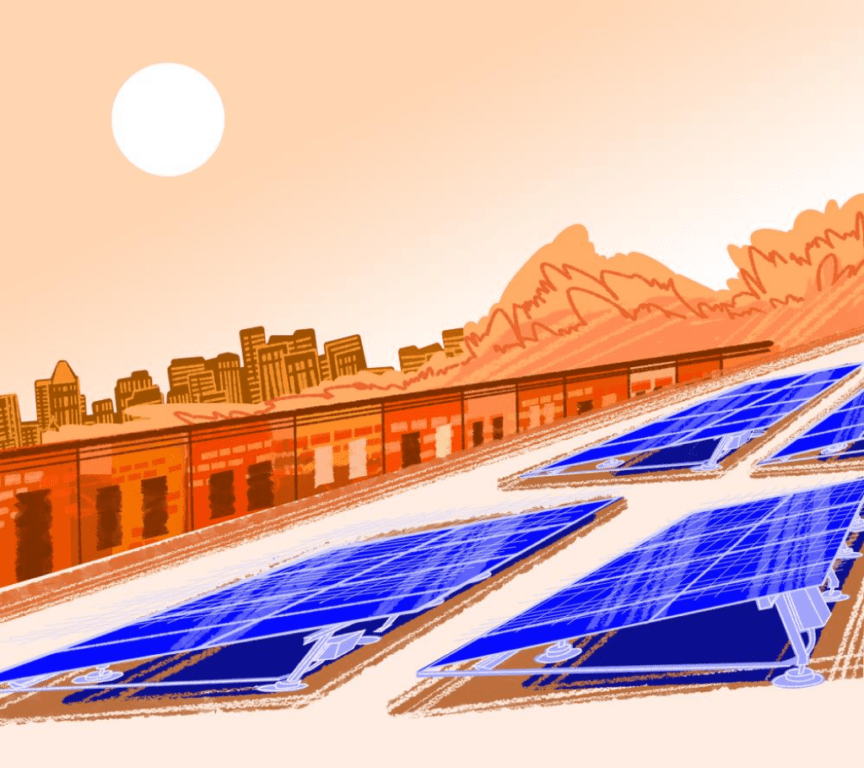 Illustration in blue and orange colors of solar panels on city roof tops