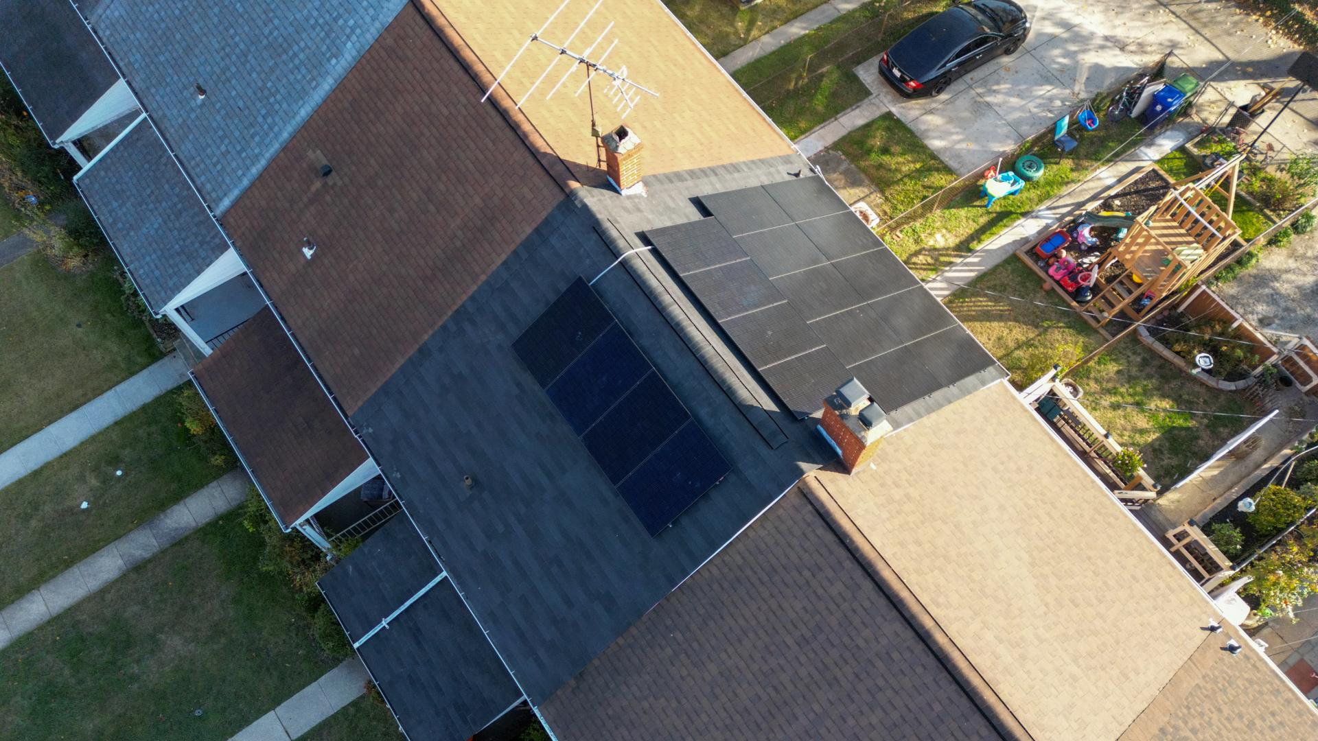 Aerial photo of solar panels on roof of Baltimore row home