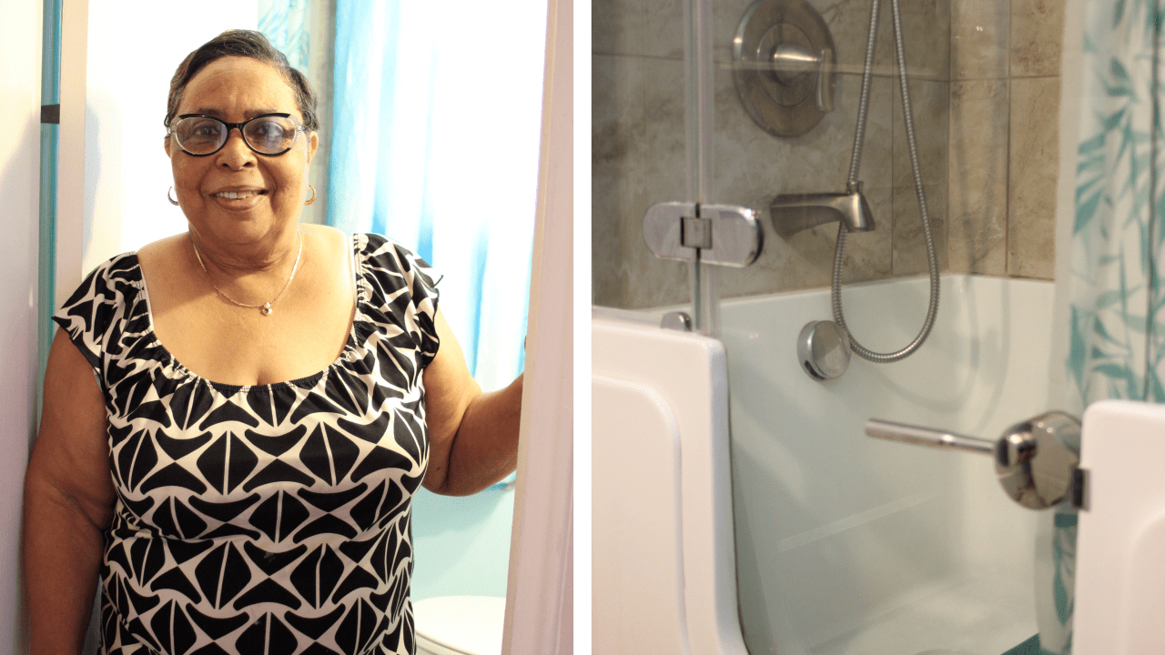 Older adult pictured with a easy step in tub shower